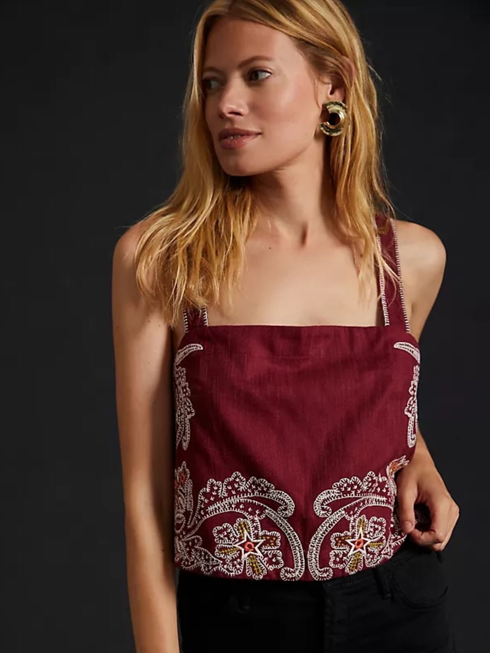 Anthropologie Embroidered Square-Neck Crop Top - Burgundy